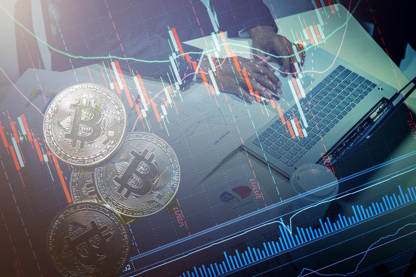 financial stock market graph chart of stock market investment trading screen with bit coin crypto currency