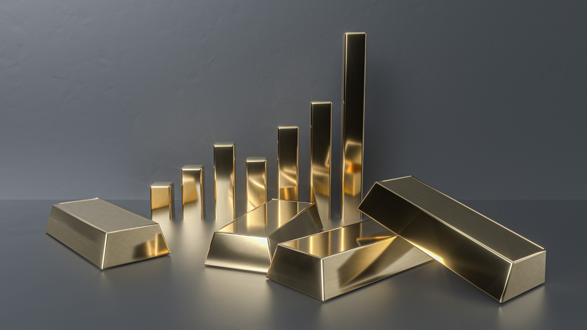 Bars of gold of different sizes are arranged like a bar chart waving higher.